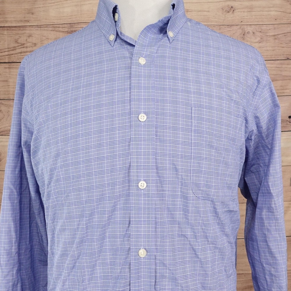 Buttoned Down Dress Shirt Mens 17.5 Classic Fit Blue Plaid Supima Cotton